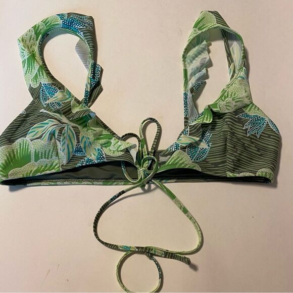 Aerie green floral wrap flutter ruffle strap bikini swimsuit bathing top M - Picture 2 of 9